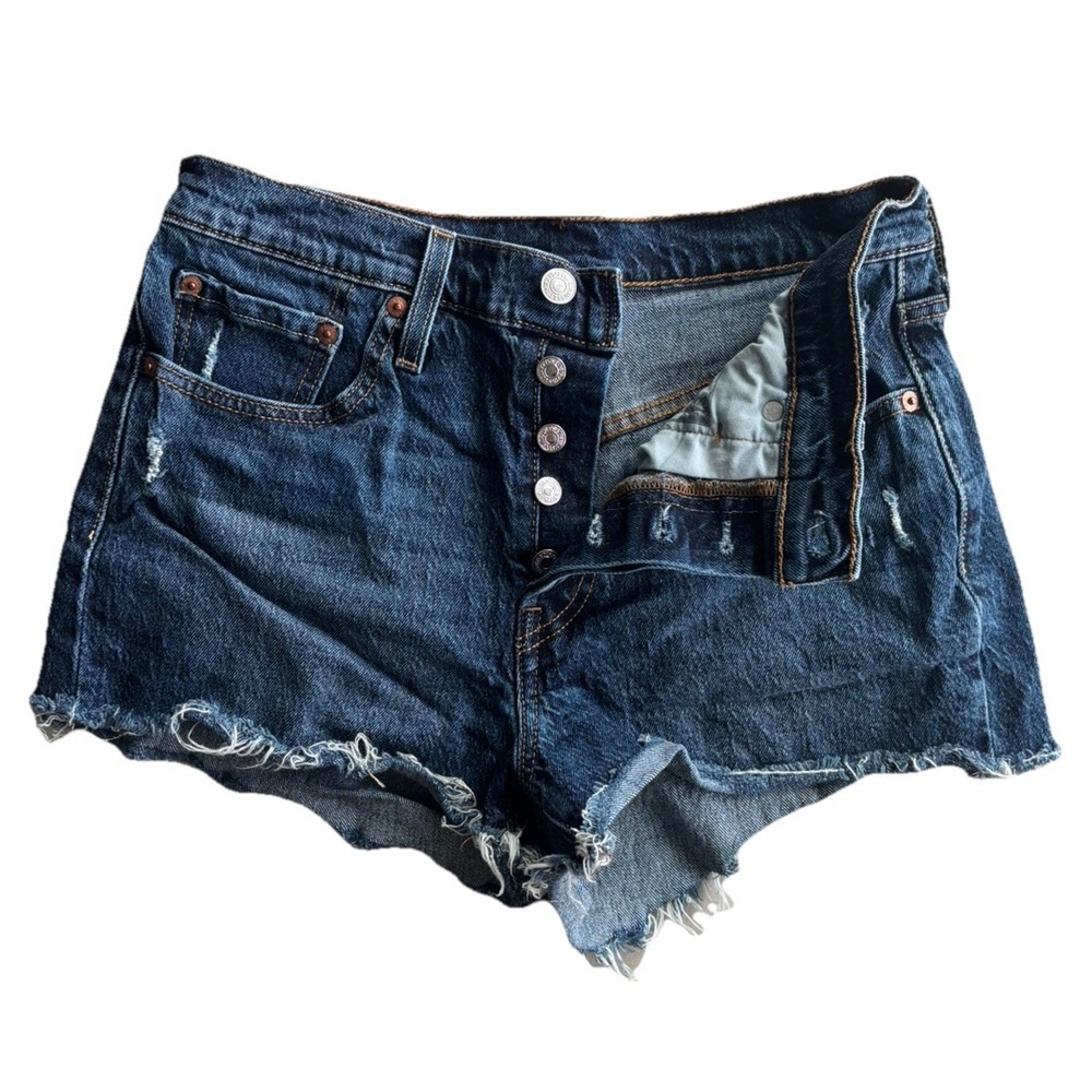 Levis 501 Original High Rise Denim Button Fly Dark Wash Distressed Cut Off Sz 29